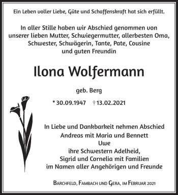 Traueranzeige von Ilona Wolfermann von Südthüringer Presse