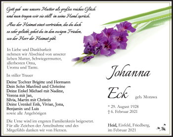 Traueranzeige von Johanna Eck von Südthüringer Presse