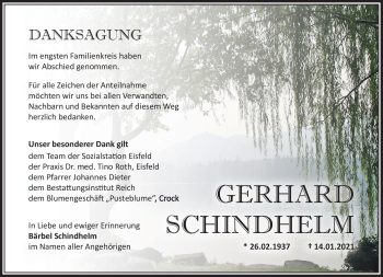 Traueranzeige von Gerhard Schindhelm von Südthüringer Presse