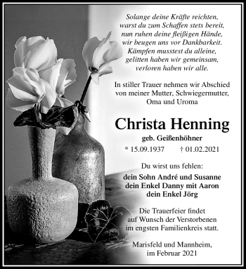 Traueranzeige von Christa Henning von Südthüringer Presse