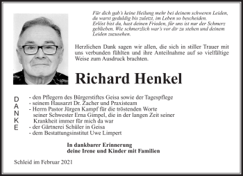 Traueranzeige von Richard Henkel von Südthüringer Presse