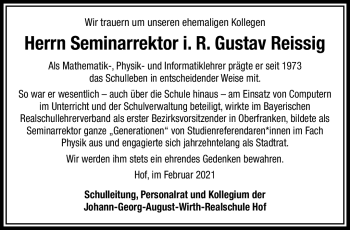 Traueranzeige von Gustav Reissig von Frankenpost