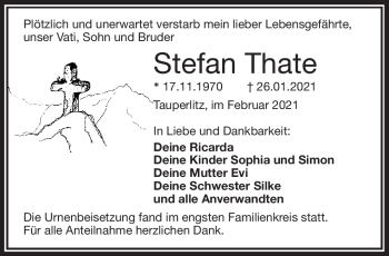Traueranzeige von Stefan Thate von Frankenpost