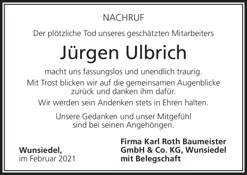  Traueranzeige für Jürgen Ulbrich vom 27.02.2021 aus Frankenpost