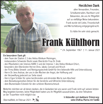 Traueranzeige von Frank Kühlhorn von Südthüringer Presse