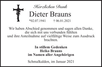 Traueranzeige von Dieter Brauns von Südthüringer Presse