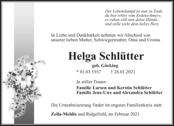 Traueranzeige von Helga Schlütter von Südthüringer Presse