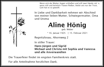 Traueranzeige von Aline Hönig von Frankenpost