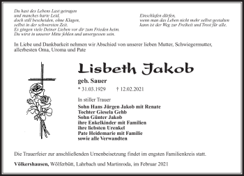 Traueranzeige von Lisbeth Jakob von Südthüringer Presse