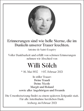 Traueranzeige von Willi Sölch von Frankenpost