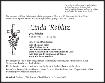 Traueranzeige von Linda Röblitz von Südthüringer Presse