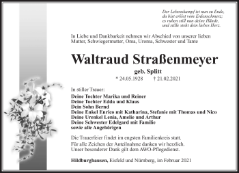 Traueranzeige von Waltraud Straßenmeyer von Südthüringer Presse
