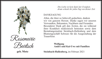 Traueranzeige von Rosemarie Bartsch von Südthüringer Presse