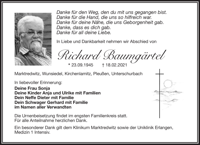  Traueranzeige für Rcihard Baumgärtel vom 24.02.2021 aus Frankenpost