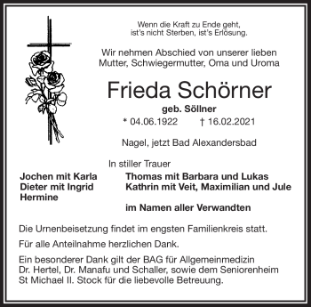 Traueranzeige von Frieda Schörner von Frankenpost