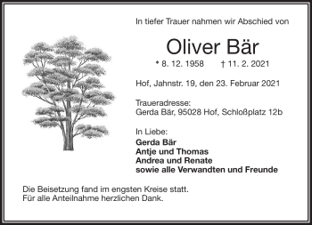 Traueranzeige von Oliver Bär von Frankenpost