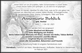 Traueranzeige von Annemarie Behlick von Südthüringer Presse