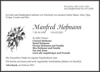 Traueranzeige von Manfred Hofmann von Südthüringer Presse