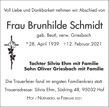 Traueranzeige von Brunhilde Schmidt von Frankenpost