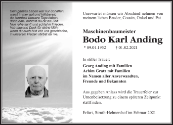 Traueranzeige von Bodo Karl Anding von Südthüringer Presse
