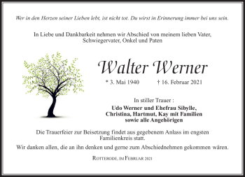 Traueranzeige von Walter Werner von Südthüringer Presse