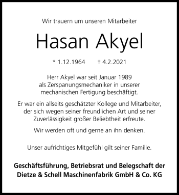 Traueranzeige von Hasan Akyel von Neue Presse Coburg