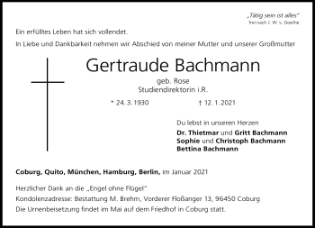 Traueranzeige von Gertraude Bachmann von Neue Presse Coburg