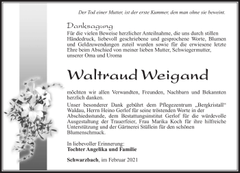 Traueranzeige von Waltraud Weigand von Südthüringer Presse