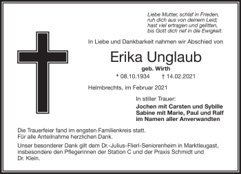 Traueranzeige von Erika Unglaub von Frankenpost