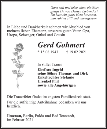 Traueranzeige von Gerd Gohmert von Südthüringer Presse