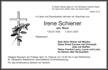 Traueranzeige von Irene Schiener von Frankenpost