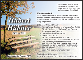 Traueranzeige von Hubert Hübner von Südthüringer Presse