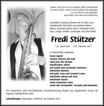Traueranzeige von Fredi Stützer von Südthüringer Presse