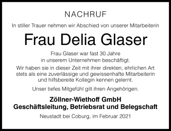 Traueranzeige von Delia Glaser von Südthüringer Presse