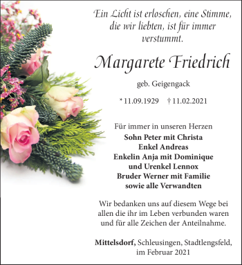 Traueranzeige von Margarete Friedrich von Südthüringer Presse