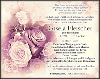 Traueranzeige von Gisela Fleischer von Südthüringer Presse