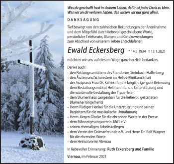 Traueranzeige von Ewald Eckersberg von Südthüringer Presse