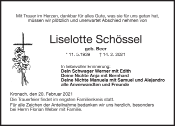 Traueranzeige von Liselotte Schössel von Neue Presse Coburg