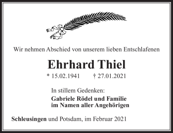 Traueranzeige von Ehrhard Thiel von Südthüringer Presse