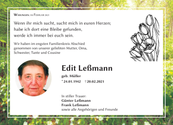 Traueranzeige von Edit Leßmann von Südthüringer Presse
