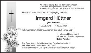 Traueranzeige von Irmgard Hüttner von Frankenpost