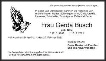 Traueranzeige von Gerda Busch von Frankenpost