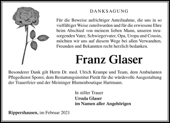Traueranzeige von Franz Glaser von Südthüringer Presse