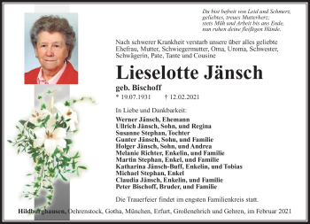 Traueranzeige von Lieselotte Jänsch von Südthüringer Presse