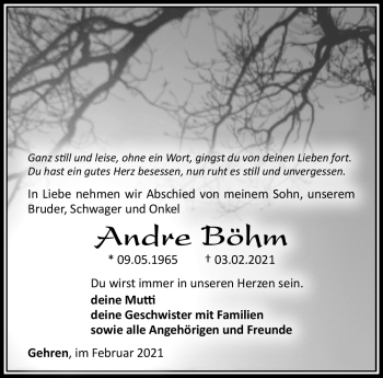 Traueranzeige von Andre Böhm von Südthüringer Presse