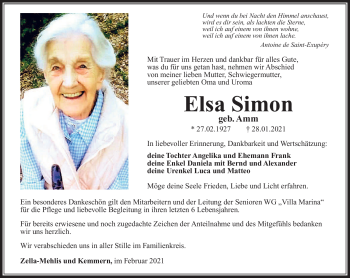 Traueranzeige von Elsa Simon von Südthüringer Presse