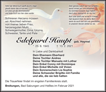 Traueranzeige von Edelgard Haupt von Südthüringer Presse