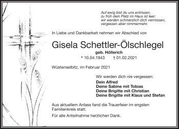 Traueranzeige von Gisela Schettler-Ölschlegel von Frankenpost
