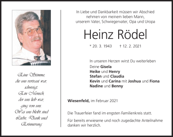 Traueranzeige von Heinz Rödel von Neue Presse Coburg