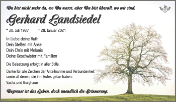 Traueranzeige von Gerhard Landsiedel von Südthüringer Presse